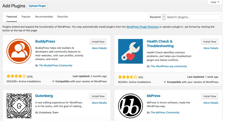The Add Plugins screen, with a search box and a row of featured plugins.