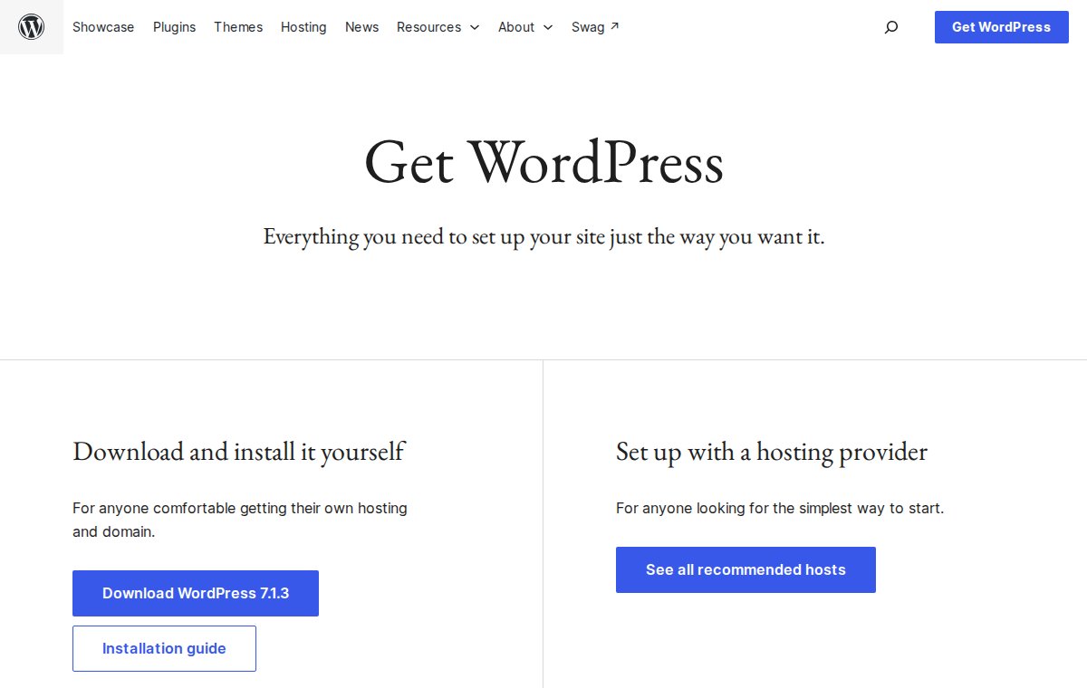 The Download page on WordPress.org, with a button to download the free WordPress software.