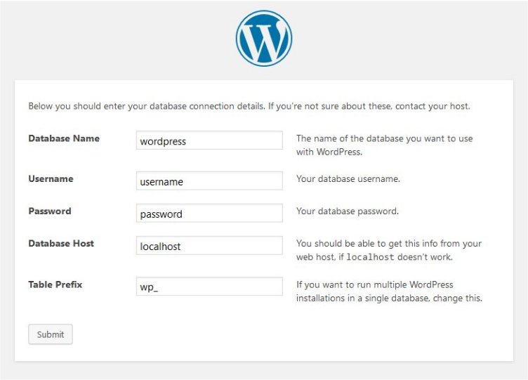 The WordPress setup screen, which asks for the database name, user name, password and host.