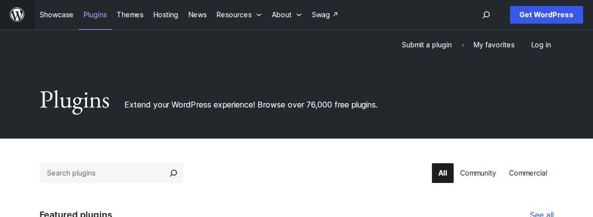 The top of the WordPress plugin directory page. It says you can browse over 76,000 free plugins and has a search box.