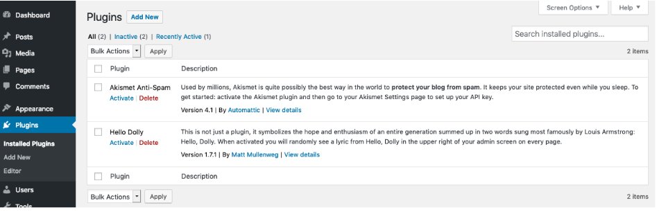 The Plugins screen, a table of installed plugins with links to activate, deactivate or delete each one.