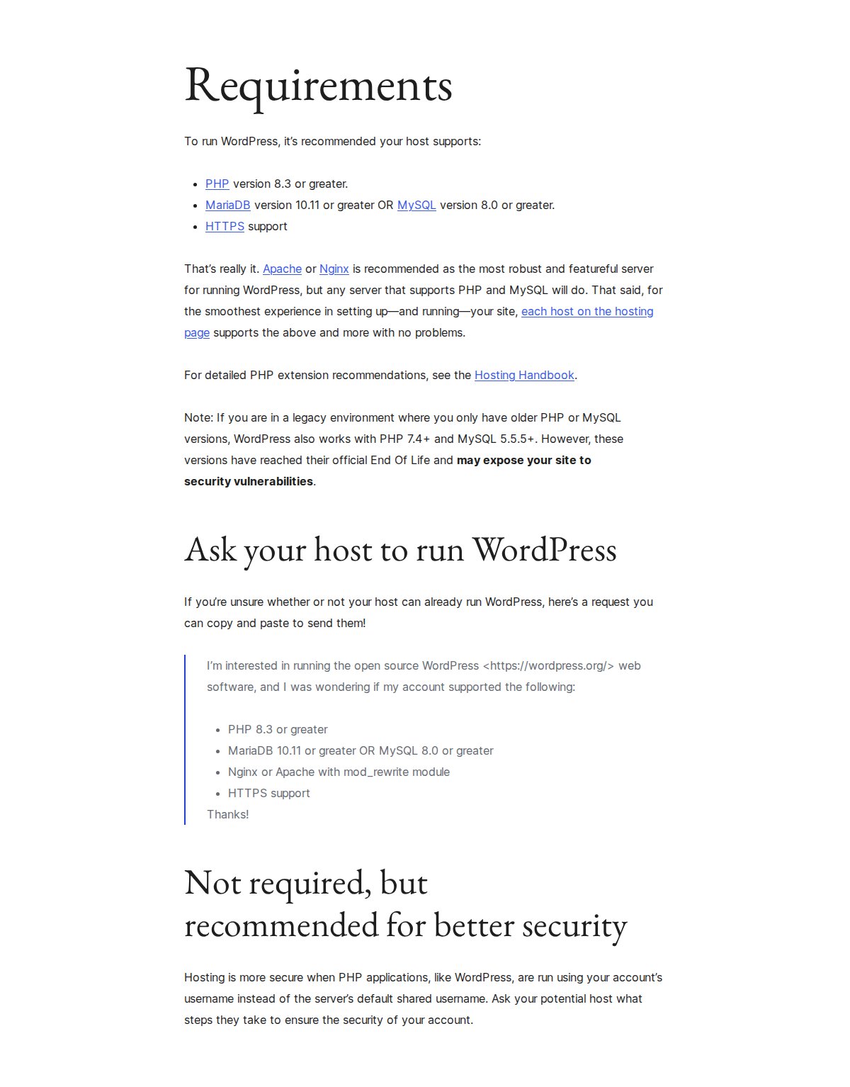The Requirements page on WordPress.org, listing the PHP, database and HTTPS support a host needs.