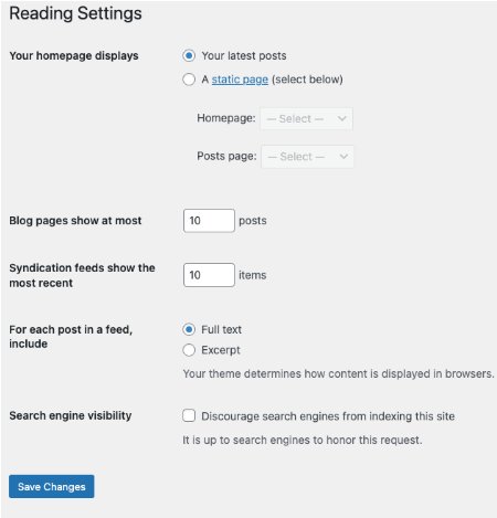 The Reading Settings screen, with a choice between latest posts and a static page, and the search engine visibility checkbox.