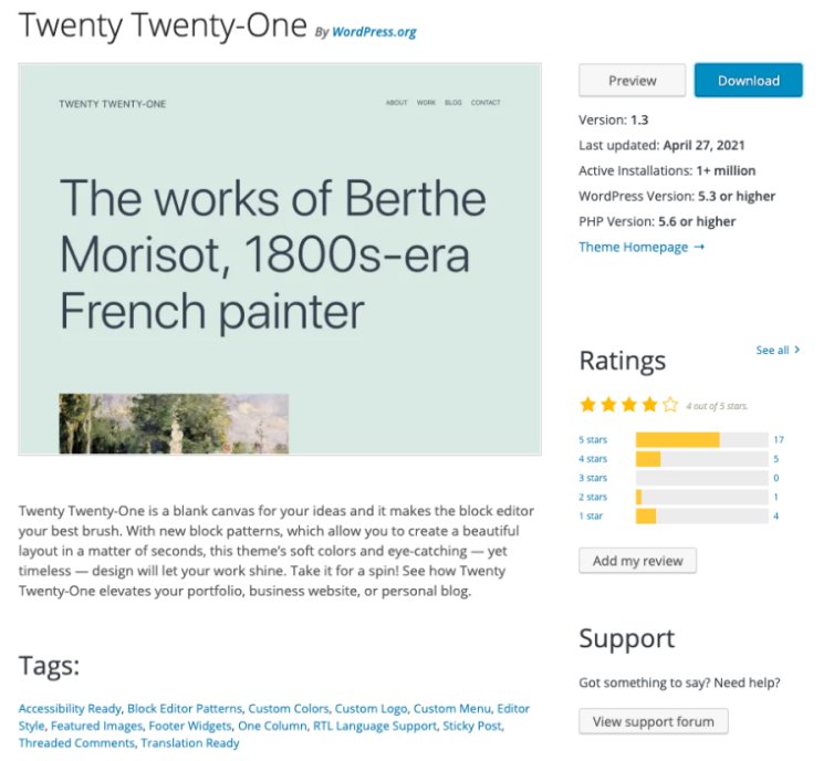 The information page for a theme in the WordPress theme directory.